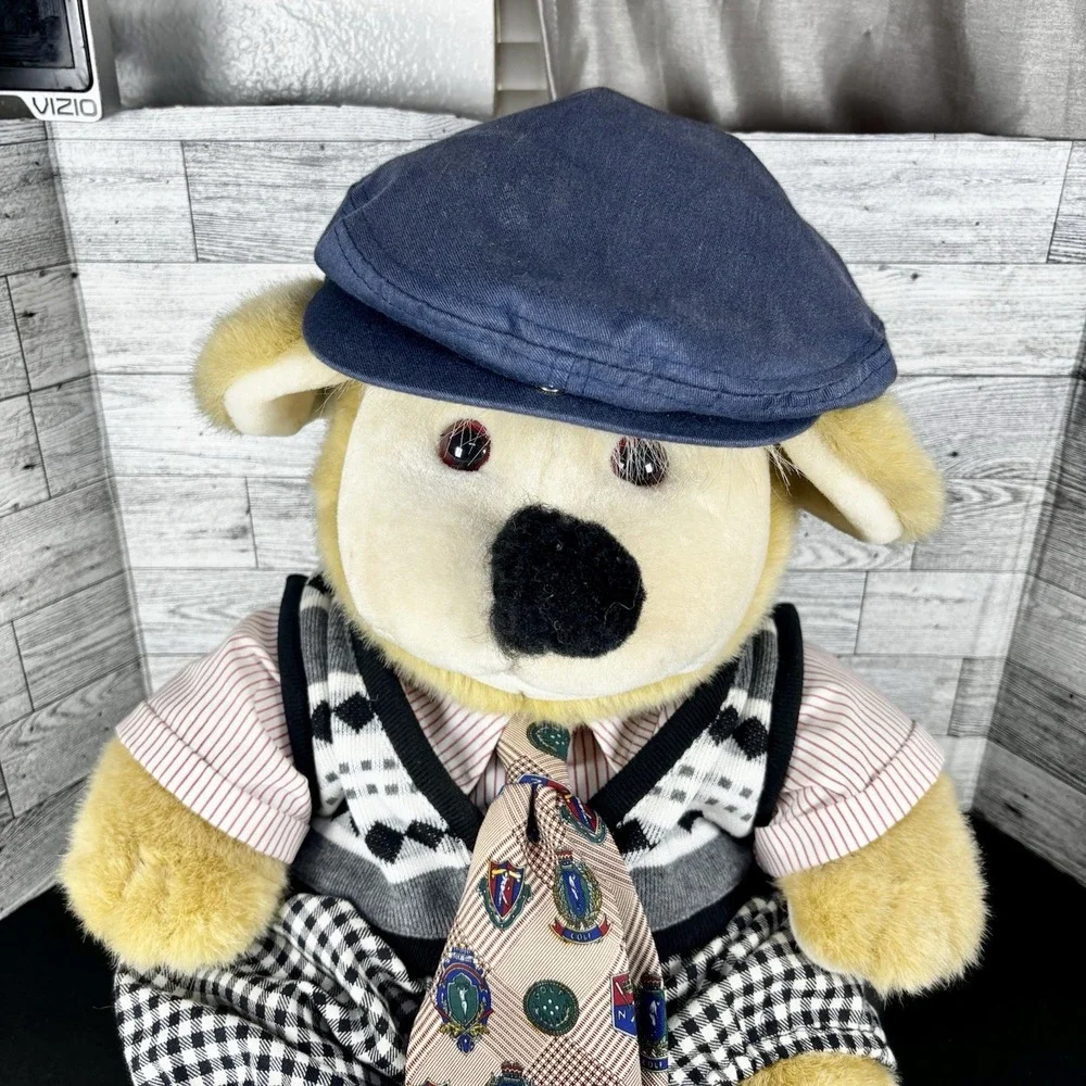 Linda Novick All Stuffed Up Bear. The Golfer Bear. 1991 Gold Silk Trimming 17 In